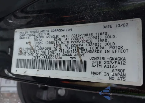 2003 Toyota 4Runner Sr5 V8 z USA, uszkodzony, nr VIN JTEBT14R830007230